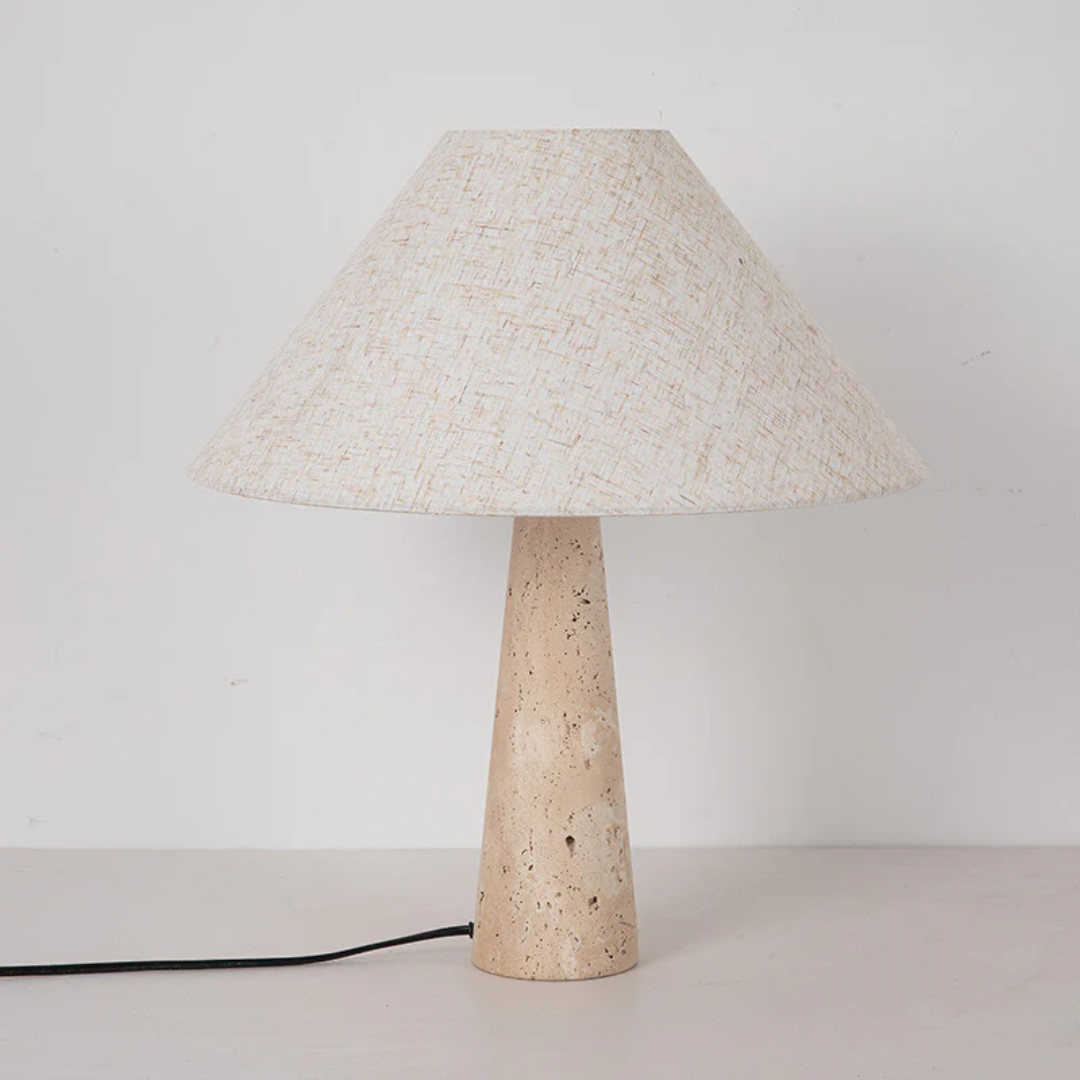 Faryna | Stoff Tischlampe mit Travertin Basis