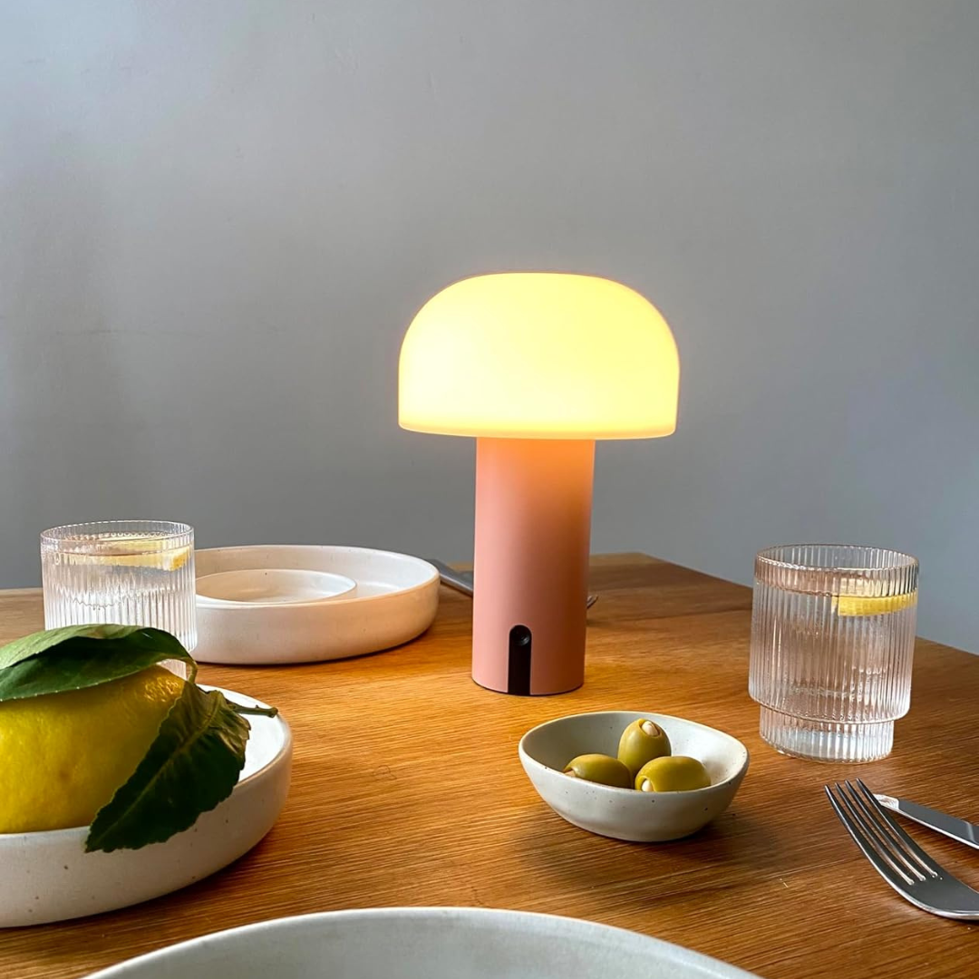 LED Lampe | Paddenstoel Design Tischlampe aus Holzoptik