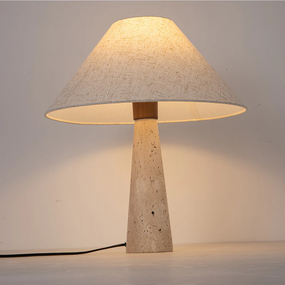 Faryna | Stoff Tischlampe mit Travertin Basis