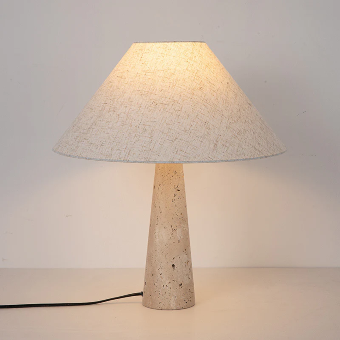 Faryna | Stoff Tischlampe mit Travertin Basis